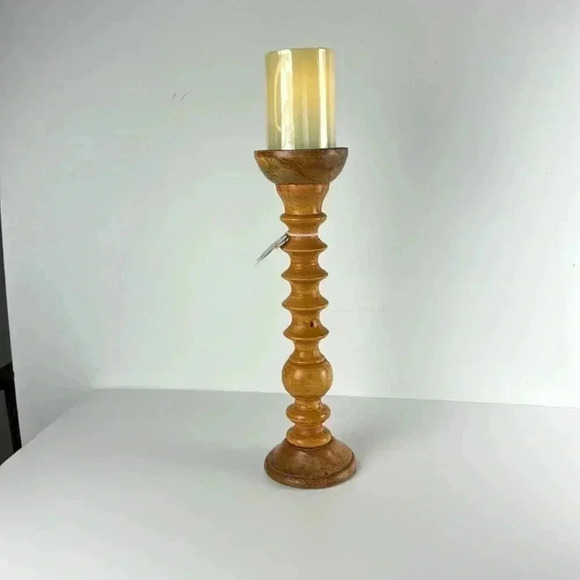 Wooden tall candle holder from India with a Martha Stewart lighted candle - Picture 3 of 5